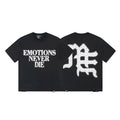 MIXED EMOTION "Emotions Never Die" Gothic Logo Graphic Short Sleeve T-Shirt - Black / White
