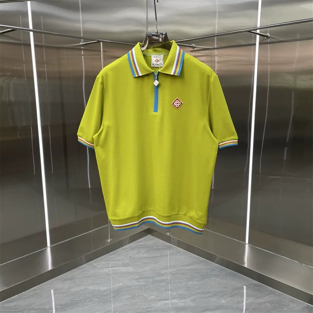 Casablanca Solid Knit Polo Shirt - Olive / Blue