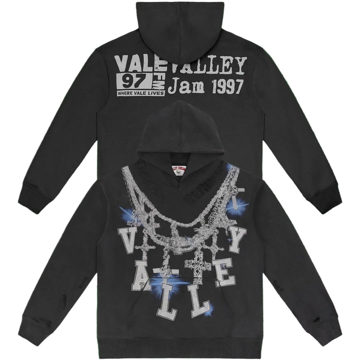 Vale Forever Graphic Pullover Hoodie (Washed Black / Rhinestone Chain & Cross Motifs)