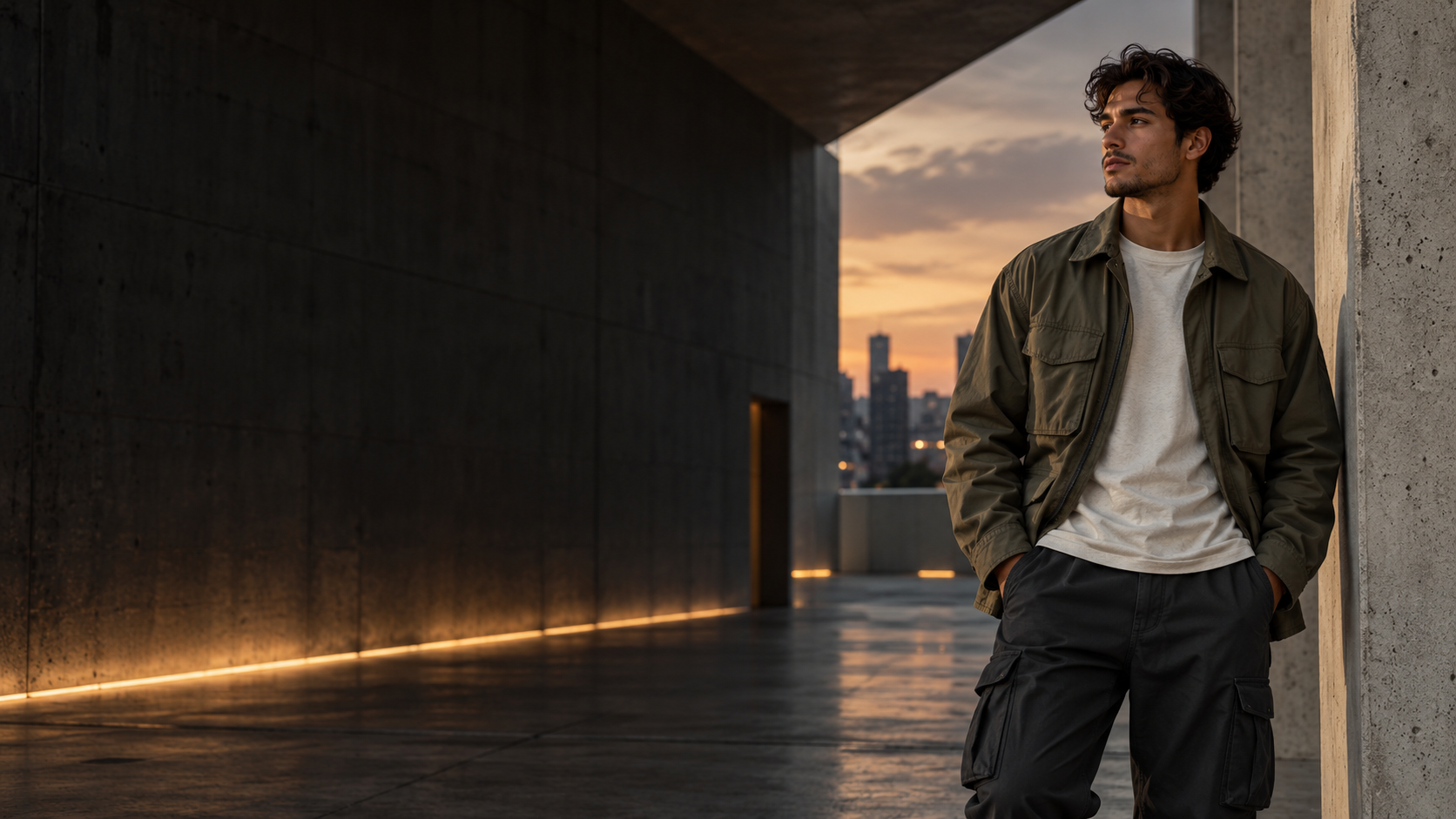 Model wearing a muted olive streetwear jacket and dark cargo trousers at dusk